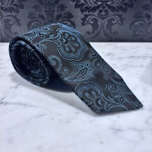 John W Nordstrom Silk Black Tie with Light Blue Paisley Pattern